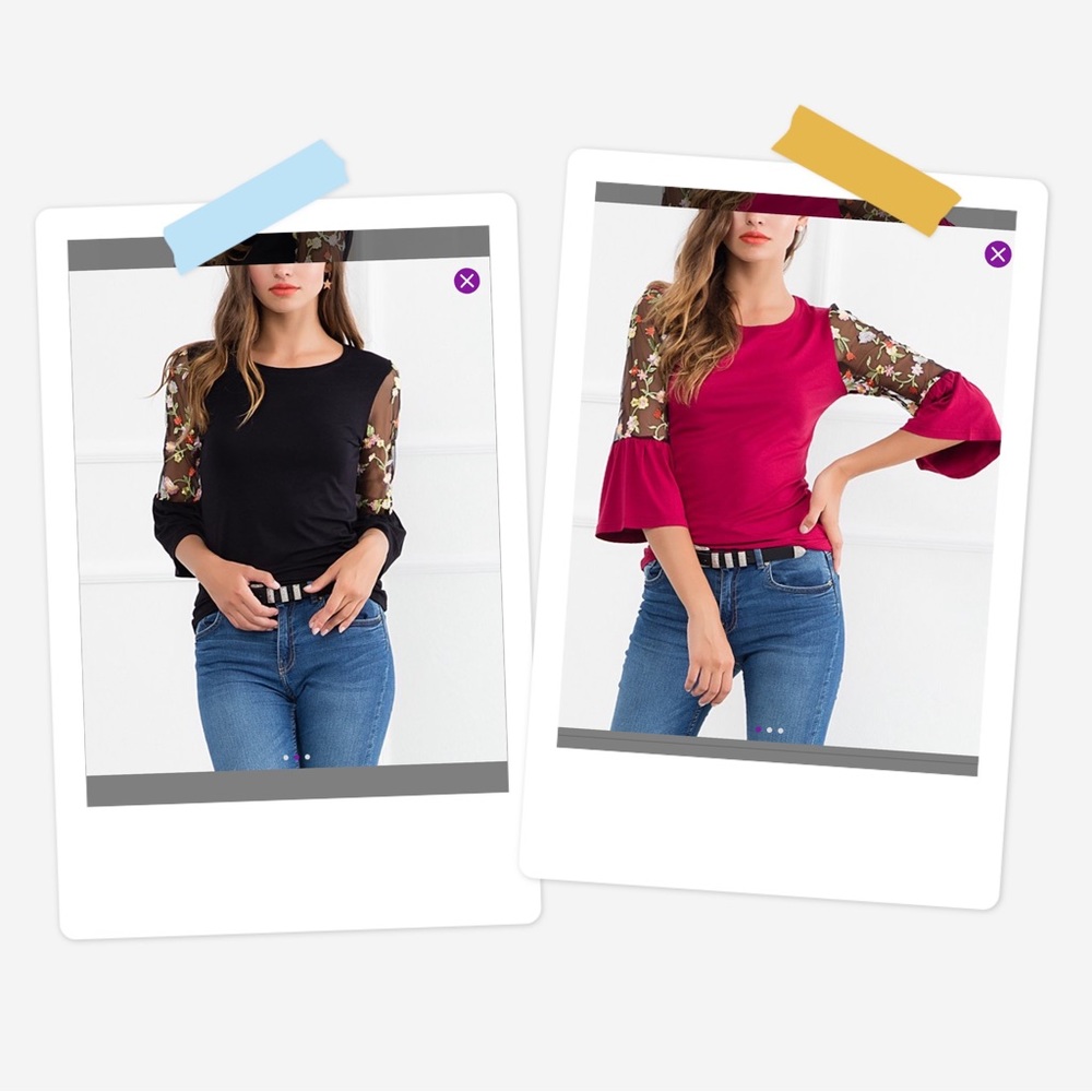 Milan Kiss Black & Burgundy Bundle Floral Sheer-Accent Bell-Sleeve Top